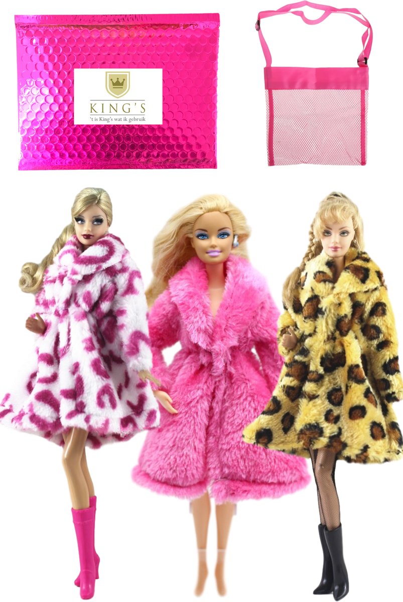 Barbie kleding - Teddy Coats - Bontjassen -  Poppenkleertjes - Barbie kleertjes - Barbie - Inclusief opberg tas - A Kwaliteit